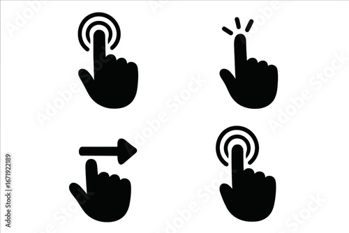 Touch screen hand gestures icon set. Finger tap, press, click & swipe right symbols. Vector silhouette pointer cursor for mobile app & web UI UX design. Flat isolated elements.