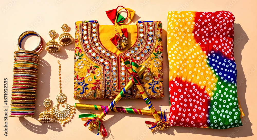 Obraz premium Dandiya Sticks, Women's Dancing Clothes and Accessories Top Down View on Clean Empty Surface 