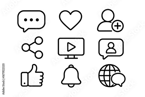Social media line icon set communication interaction connectivity essentials vector cartoon illustration with transparent background ordered set minimalistic design digital symbols
