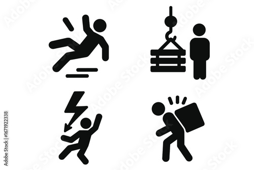 Workplace safety hazard vector icon set. Warning signs for hazardous work conditions. Concepts: falling, slipping, crane danger, electrical shock, heavy lifting injury, back strain.