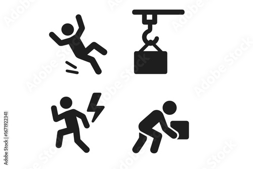 Workplace safety icons set. Hazard symbols for falling, crane, electrical shock, heavy lifting. Warning pictograms for industrial risk, danger, and accidents. Vector illustration.