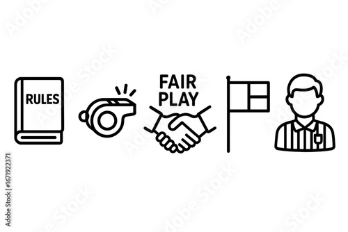 Fair play outline icon set. Vector icons of sports rules, rulebook, whistle, handshake, warning flag, and referee. Concept of sportsmanship, ethics, integrity, and justice.