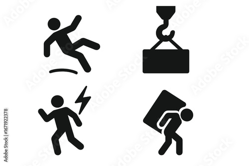 Hazard safety icons set. Workplace safety and warning signs. Slippery floor, falling object, electrical shock and heavy lifting hazard symbols. Occupational health vector.