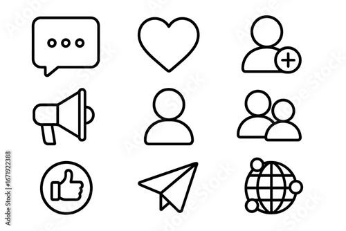 Social media line icon set with communication, interaction, connectivity essentials, user profiles, like, share, messaging, networking symbols, vector cartoon illustration transparent background