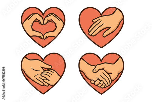 Set of hands gestures in heart. Love, care, support, and trust concept. Handshake, helping hand, and heart sign. Charity, donation, and teamwork vector icon collection.