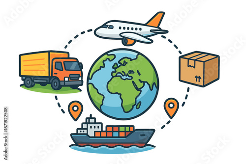 Global logistics network connecting land, sea, and air transportation methods for efficient shipping, supply chain, and delivery services. Vector cartoon illustration with transparent background.