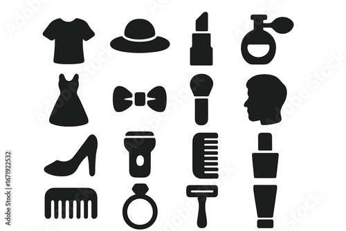 Fashion and grooming solid icons set. Vector silhouette symbols for beauty and personal care. Cosmetics, makeup, clothing, style accessories for men and women collection.