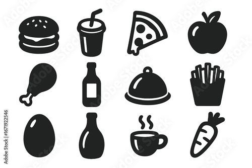 Food and beverage icon set. Solid glyph symbols for cooking, restaurant menu, and culinary graphics. Vector collection with hamburger, pizza, drink, chicken, and apple icons.