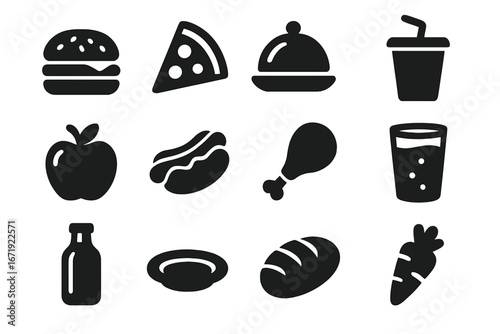 Food and beverage icon set. Solid black glyph symbols for cooking, restaurant menu, and culinary design. Vector pictograms of fast food, drinks, and healthy eating.
