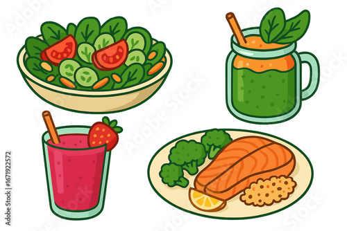 Healthy meal ideas featuring vibrant fresh salad, nutritious smoothies, salmon with broccoli and grains, colorful vegetables, detox drinks, and balanced diet concept vector cartoon set