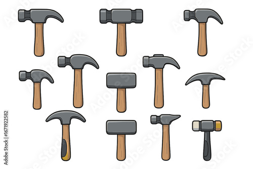 Cartoon hammer icon set. Various construction and repair tools. Claw hammer, sledgehammer, mallet. Carpentry, DIY, and workshop equipment vector illustration collection.