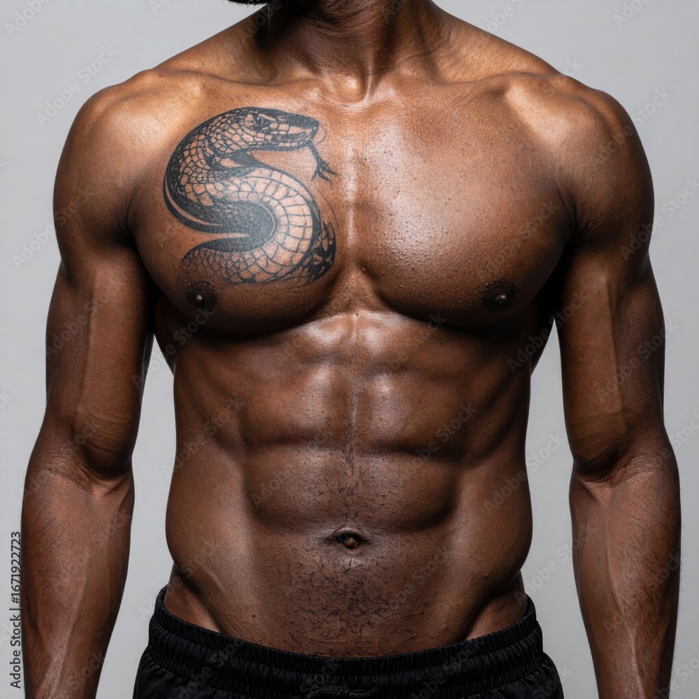 Fototapeta premium Muscular Dark Skinned Man With Snake Tattoo Showing Defined Torso and Abs on Gray Background