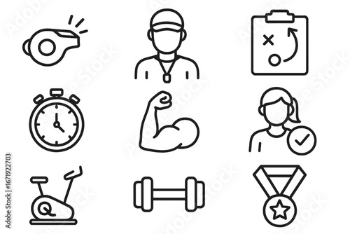 Sports coaching line icon set with fitness exercise, health strategy, training equipment, muscle power, stopwatch, bike, coach, and achievement vector illustration collection