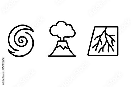 Outline Vector Icons of Geophysical Phenomena from Space Including Hurricane Spiral, Volcanic Plume, River Delta, Natural Disasters, Earth Elements, Environmental Science Illustration