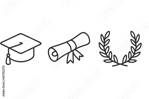Graduation Icons Compilation Outline Vector Set Including Graduation Cap, Diploma Scroll, Laurel Wreath, Celebration Symbols for Education, Achievement, and Success