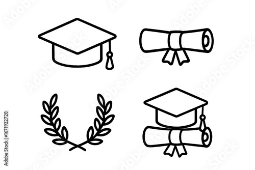 Graduation Icons Compilation Outline Set with Graduation Cap Diploma Scroll Laurel Wreath Vector Cartoon Illustration University College Achievement Education Celebration Symbols