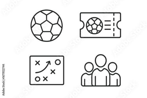 Sports event linear icon set featuring soccer ball, ticket, strategy board, and team group icons in clean line style. Vector cartoon illustration with transparent background for versatile use