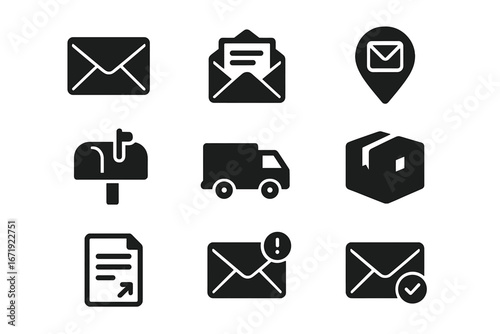Mail and package solid icon set. Postal communication, delivery, and shipment symbols. Vector glyph illustration for logistics, e-commerce, tracking, message and mail icons.