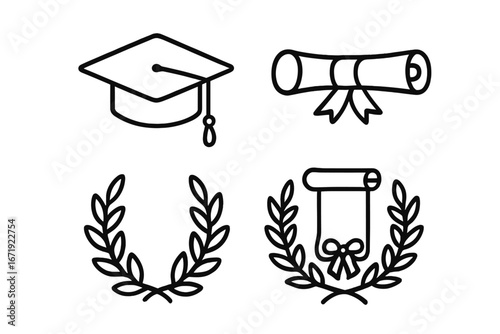 Graduation Icons Compilation Outline Set with Graduation Cap Diploma Scroll Laurel Wreath Vector Cartoon Illustration Collection for Celebration and Achievement Concepts