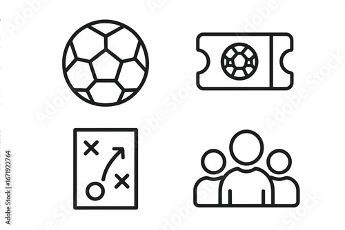 Sports event linear icon set with soccer ball, ticket, strategy, and team in line style. Vector cartoon illustration with transparent background, ordered set design