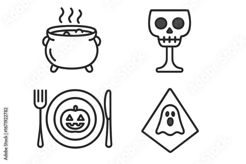 Halloween Icon Set with Outline Party Table Settings including Cauldron Punch Bowl, Skull Goblet, Themed Plates, and Ghost Napkin Vector Cartoon Illustration for Festive Decor