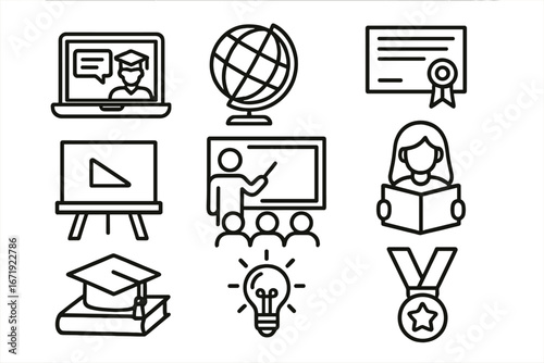 Education line icon set for e-learning. Concepts for school, university, study, knowledge, online course, graduation, and achievement. Vector symbols for web and app design.