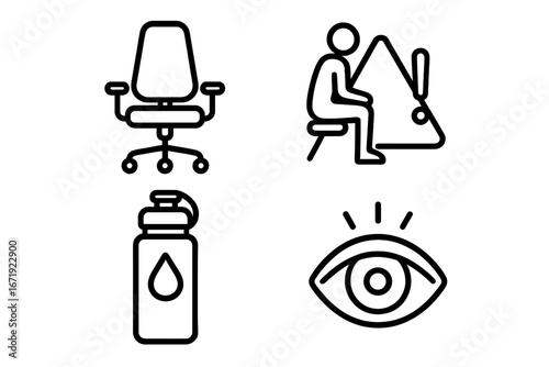 Health and Ergonomics Icon Set, Outline Style, Including Ergonomic Chair, Posture Alert, Hydration Bottle, and Eye Care Rest Vector Illustration for Workplace Wellness