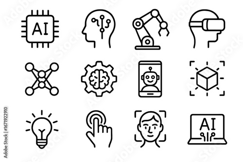 Technology and AI Linear Icon Set with Innovation and Augmented Reality Concepts, Outline Collection of Futuristic Digital Devices and Smart Interfaces, Vector Cartoon Illustration