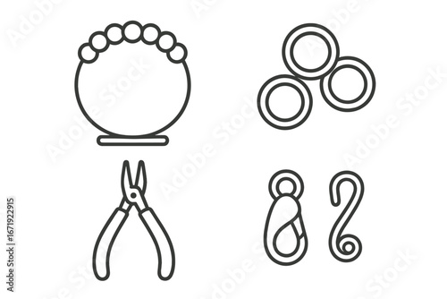 Handcrafted Jewelry Icons Set, Outline Style, Friendship Jewelry Making Tools and Components, Beading Wire, Jump Rings, Pliers, Clasp Closures, Crafting Supplies Vector Illustration