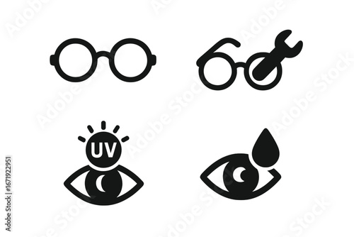 Glasses and vision silhouette icon set with optical repair, UV protection, and eye care droplet symbols, vector cartoon illustrations with transparent background, ordered set of 4