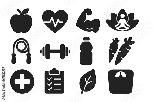 Health and Wellness Icons Set, Solid Black Fitness and Mindfulness Symbols, Vector Cartoon Illustration with Transparent Background, Ordered Set 2 for Health, Exercise, Nutrition