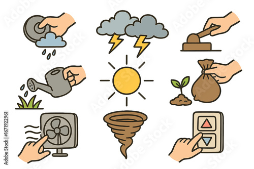Weather & environment icon set. Climate control, gardening, investment concepts. Hand drawn cartoon vector symbols. Sun, storm, tornado, rain, plant, fan, elevator buttons.