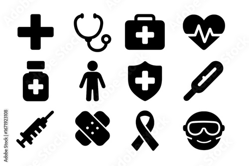 Healthcare and safety solid icons set with medical and health symbols, filled vector illustrations including stethoscope, first aid kit, heart monitor, syringe, and thermometer transparent background