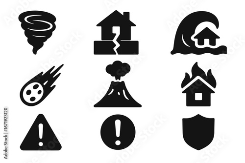 Natural disaster silhouette icons set. Solid emergency, warning, safety symbols. Vector collection for catastrophe, climate change concepts. Tornado, earthquake, flood, fire.