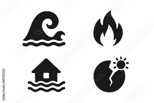 Natural disaster solid icon set. Catastrophe and emergency symbols. Tsunami wave, wildfire flame, house flood, and drought crack. Climate change and global warming vector concept.