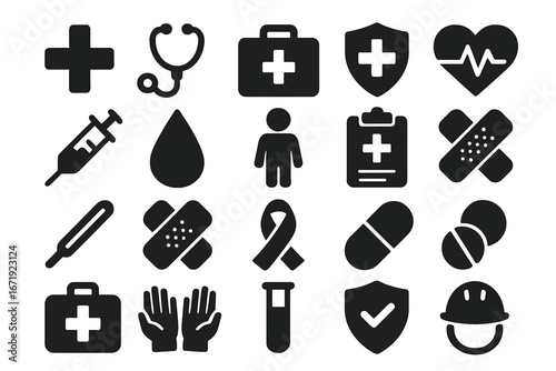Healthcare and safety solid icons set, medical filled health symbols, vector cartoon illustration, first aid, medical equipment, health care, safety signs, transparent background
