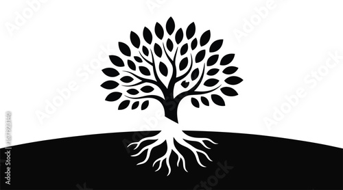 Stylized tree with symmetrical leaves and visible roots in black and white, symbolizing growth, nature, balance, and environmental harmony