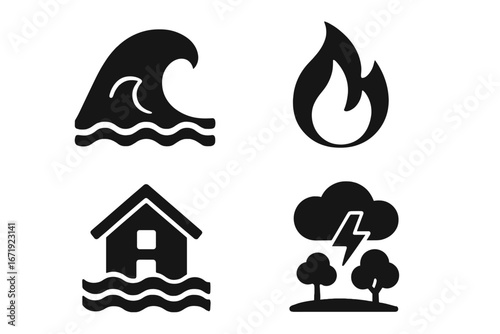 Natural disaster solid icon set. Catastrophe glyph collection. Tsunami wave, wildfire fire, house flood, thunderstorm lightning weather symbols. Emergency warning vector.