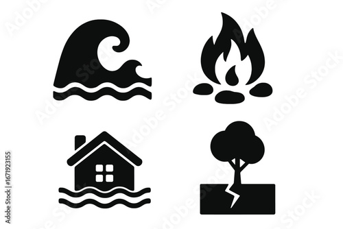 Natural disaster solid icon set. Catastrophe and emergency symbols. Tsunami wave, wildfire, house flood, earthquake. Environmental hazard pictogram collection for insurance.