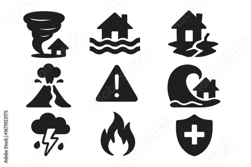 Natural disaster icon set. Solid glyphs for emergency, warning, and safety. Tornado, flood, earthquake, tsunami, volcano, fire, storm. Vector symbols for insurance, protection.