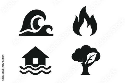 Natural disaster solid icon set. Tsunami wave, wildfire flame, house flood symbol. Climate change and global warming vector pictogram collection for web and print design.