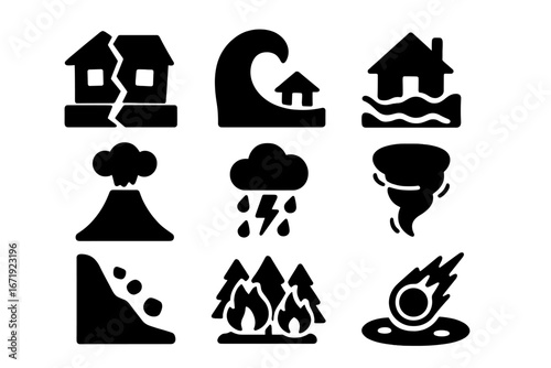 Natural disasters solid icon set. Catastrophe glyphs. Vector symbols for earthquake, tsunami, flood, volcano, wildfire, landslide, tornado, storm, and meteor impact. Crisis.
