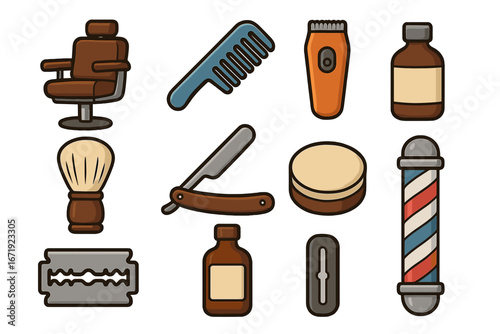 Vector cartoon collection of grooming tools and personal care products in barbershop style, including chair, comb, clipper, shaving brush, razors, balm, and barber pole, transparent background