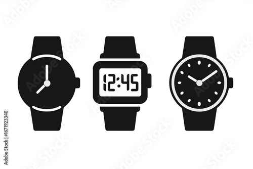 Wristwatch silhouette icon set, timekeeping digital and analog watches, black vector cartoon illustration collection with transparent background, ordered watch design elements