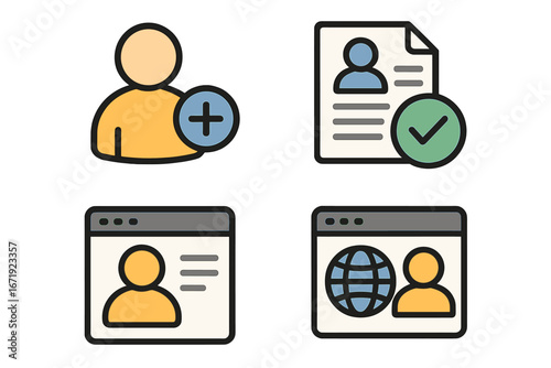 User management icon set for UI design. Vector concepts for new user registration, account creation, ID document verification, and approved online profile. KYC and validation.