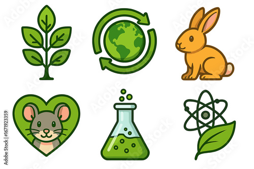 Eco-friendly nature and animal icons with science symbols promoting environmental awareness, cruelty-free practices, sustainability, green living, and eco conservation vector cartoon illustration