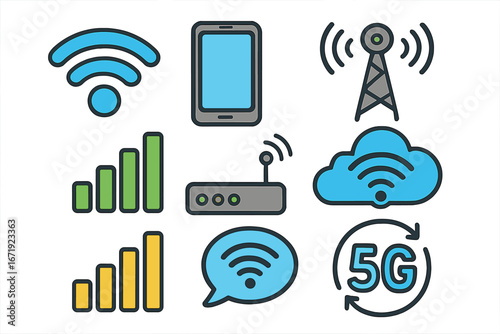 Wireless technology icon set vector. Internet connection and mobile network symbols. 5G, Wi-Fi, signal bar, router, cloud data, and cell tower for communication concepts.