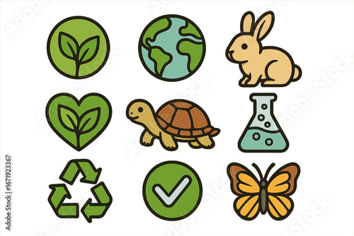 Eco-friendly nature and wildlife icons with science and recycling symbols promoting environmental awareness and cruelty-free practices, vector cartoon illustration set