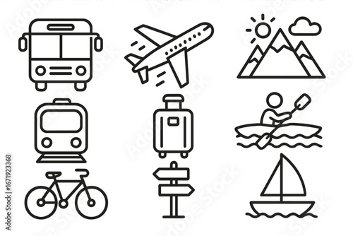 Transportation and Adventure Icon Set, Travel and Recreation Outline Icons, Vector Cartoon Illustration with Transparent Background, Ordered Set of Travel and Outdoor Activity Symbols