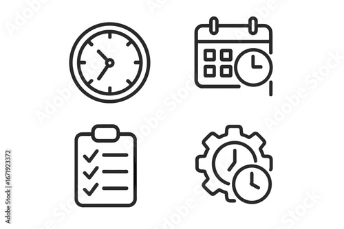 Time management linear icon set with clock, schedule, checklist, productivity tools, outline style, vector cartoon illustration, transparent background, organized workflow concept